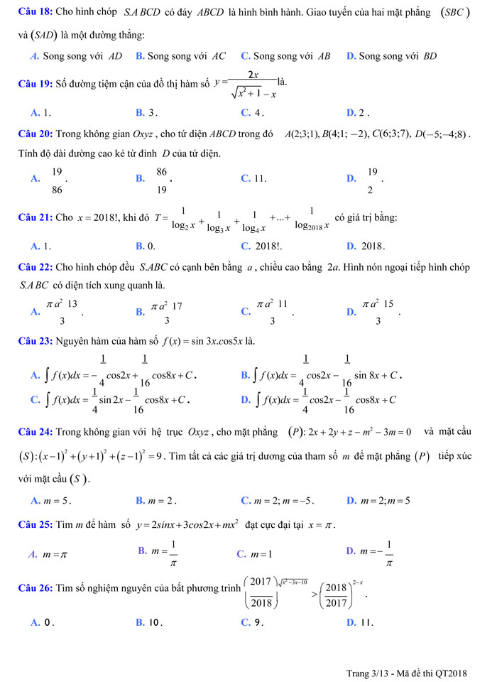 Đề thi thử THPT quốc gia 2018 môn Toán