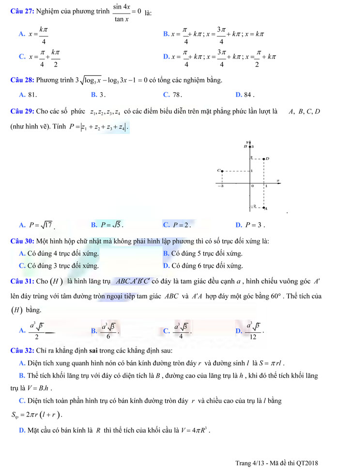 Đề thi thử THPT quốc gia 2018 môn Toán