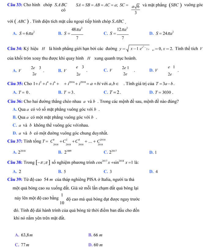 Đề thi thử THPT quốc gia 2018 môn Toán