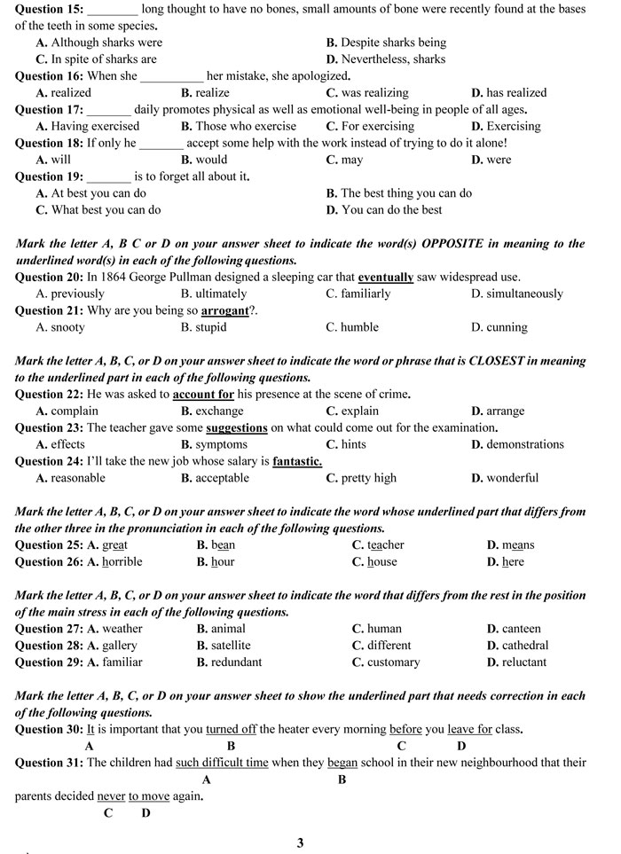 đề thi thử trọng điểm môn Tiếng Anh THPT quốc gia 2018