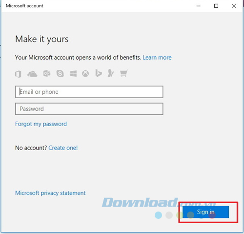 Nhập thông tin tài khoản Microsoft và nhấp Sign in