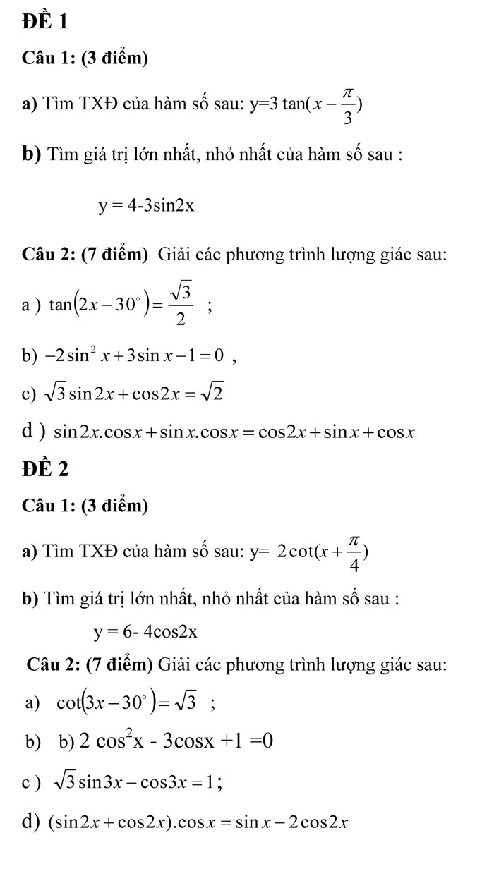 đề kiểm tra 15 phút chương 1 Đại số lớp 11