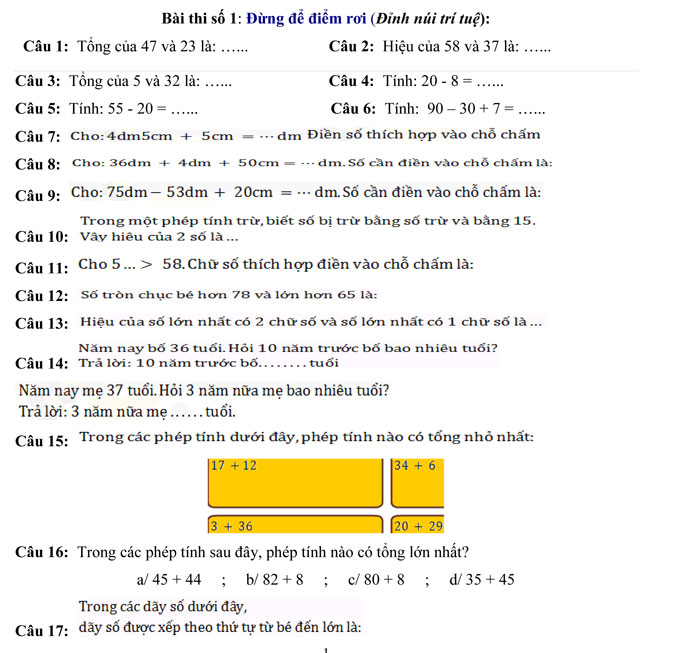 Đề thi Violympic Toán lớp 2 vòng 3 năm 2017 - 2018