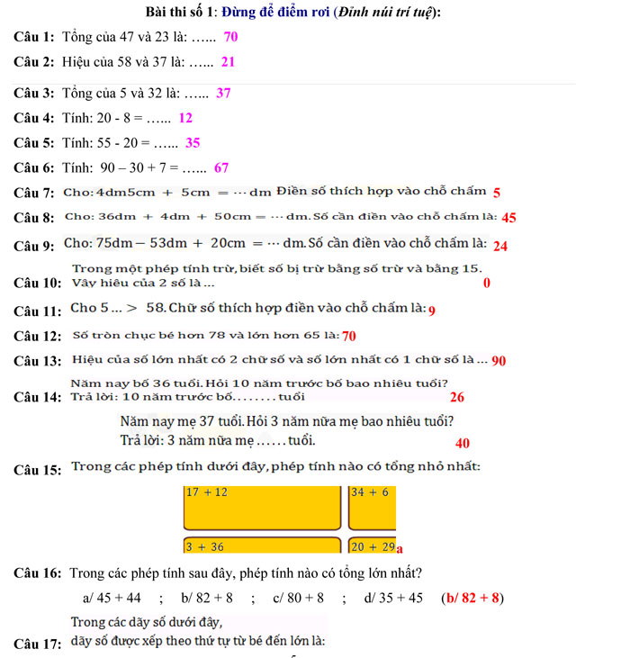 Đề thi Violympic Toán lớp 2 vòng 3 năm 2017 - 2018