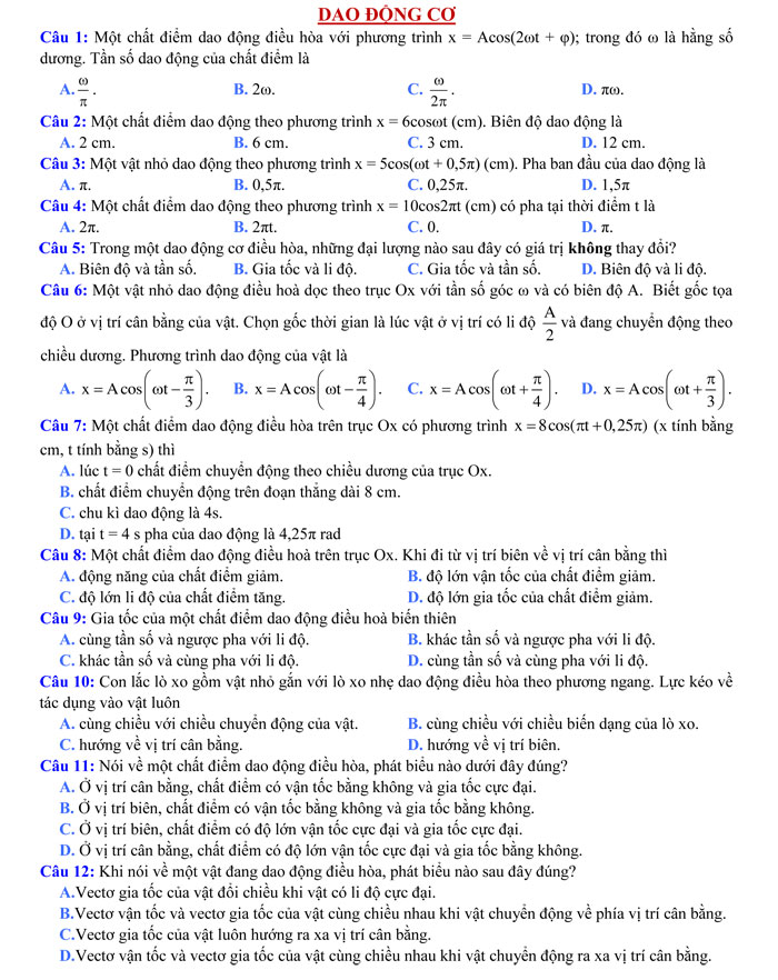 Bộ câu hỏi trọng tâm ôn tập môn Vật lý thi THPT quốc gia