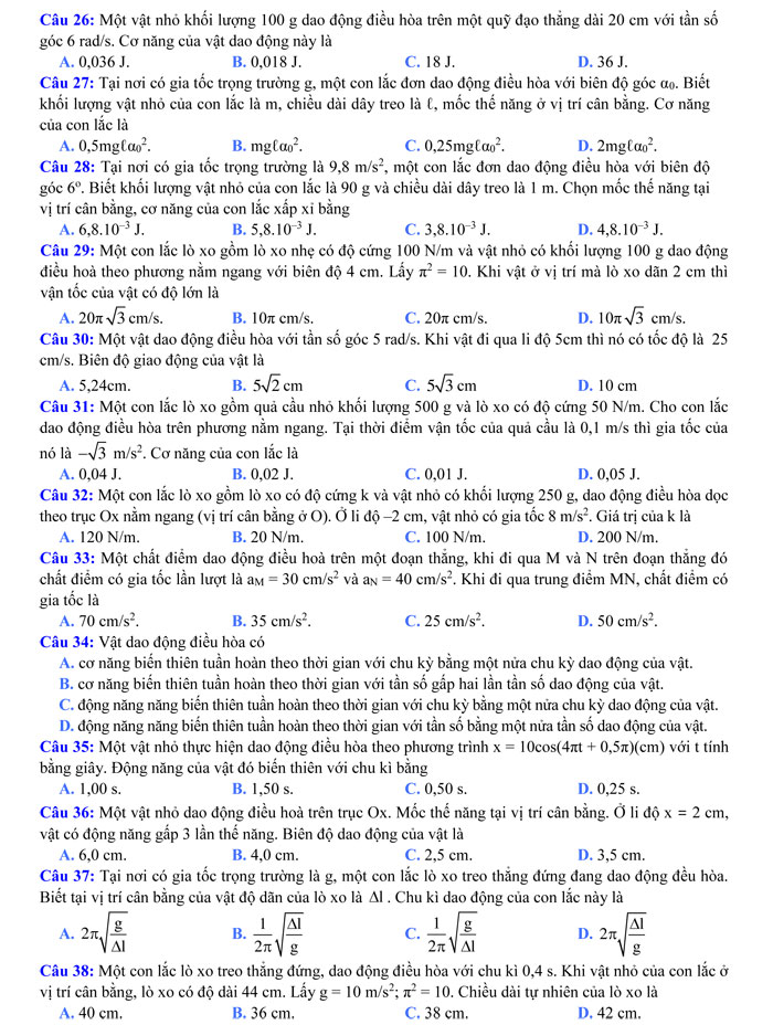 Bộ câu hỏi trọng tâm ôn tập môn Vật lý thi THPT quốc gia