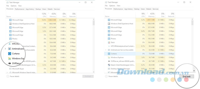 Click vào Cortana > End Task