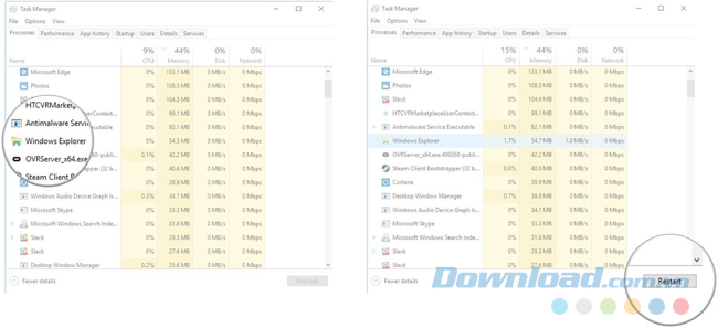 Click vào Windows Explorer > Restart