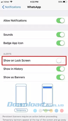 Tắt Show on Lock Screen