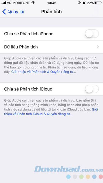 Giao diện tắt phân tích iphone