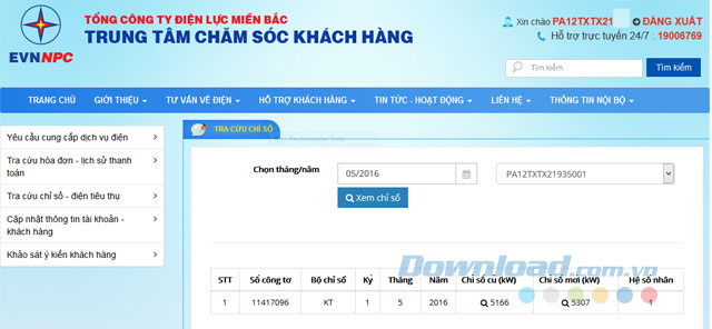 Kết quả tra cứu chỉ số điện
