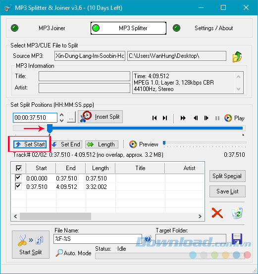 Chọn đoạn cắt