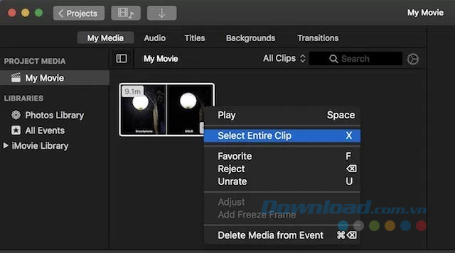 Chọn Select Entire Clip