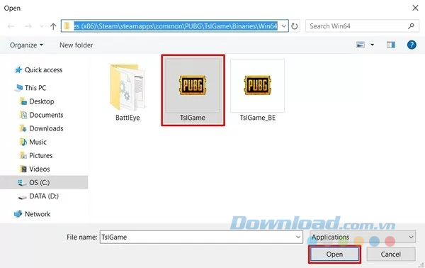 Chọn TslGame và nhấp vào Open