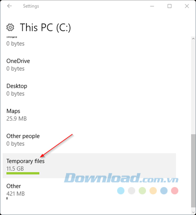 Click vào Temporary files