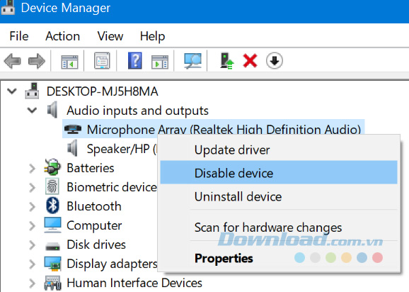 Chọn Disable Device