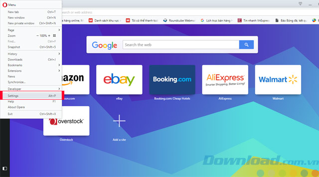 Mở cài đặt Opera