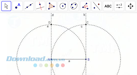 Tạo giao điểm D giữa đường thẳng d và vòng tròn e.