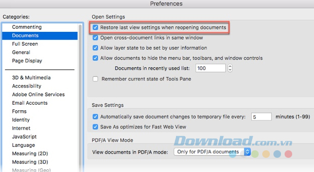 Bật Restore last view settings when reopening documents