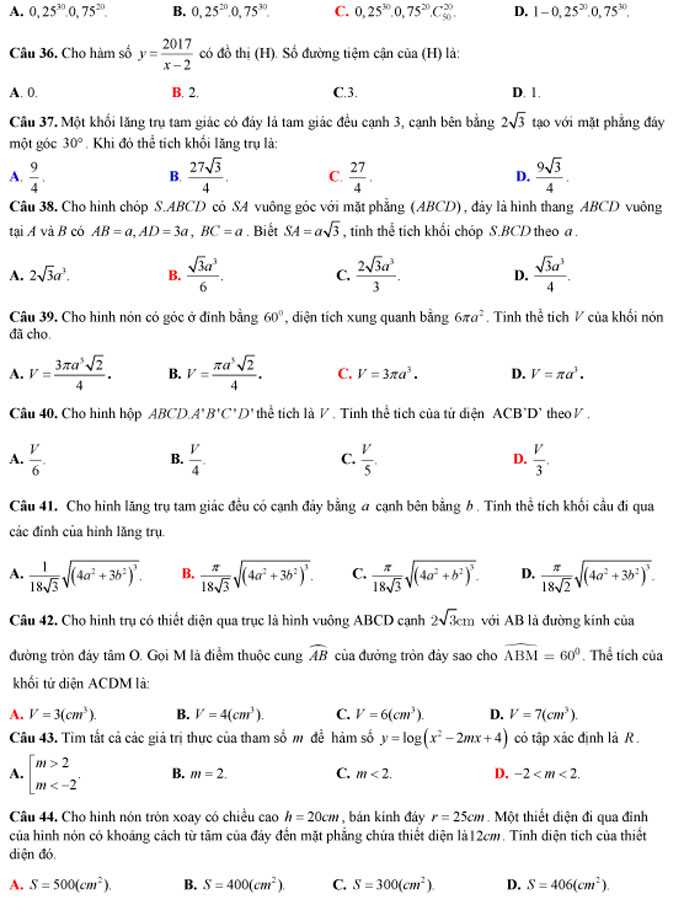 Đề thi thử THPT Quốc gia 2018 môn Toán
