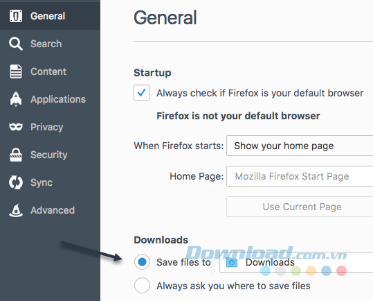 Chọn thư mục download khác