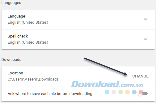 Chọn thư mục download khác
