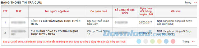 Kết quả thông tin người nộp thuế