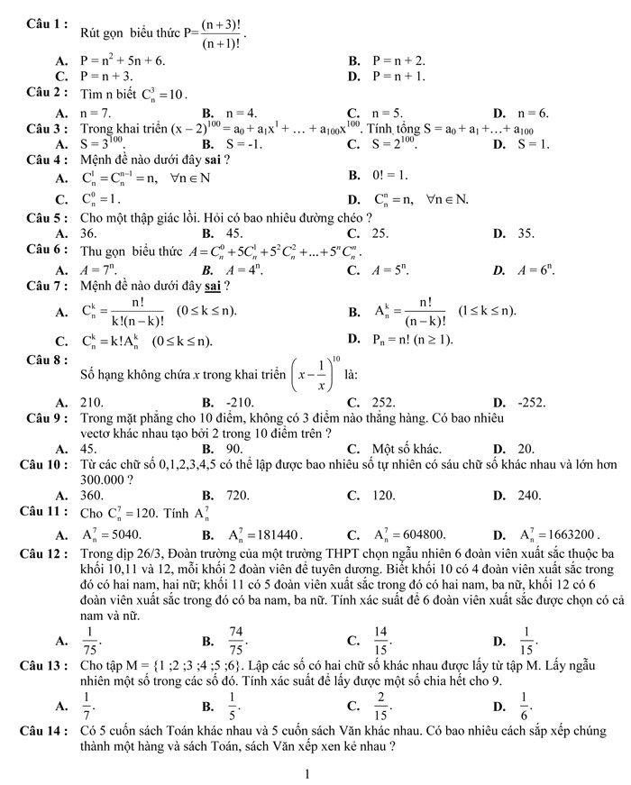 Đề kiểm tra 1 tiết Chương II Đại số lớp 11