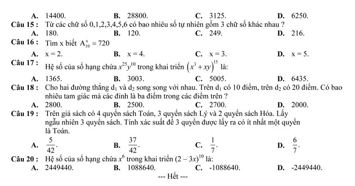 Đề kiểm tra 1 tiết Chương II Đại số lớp 11