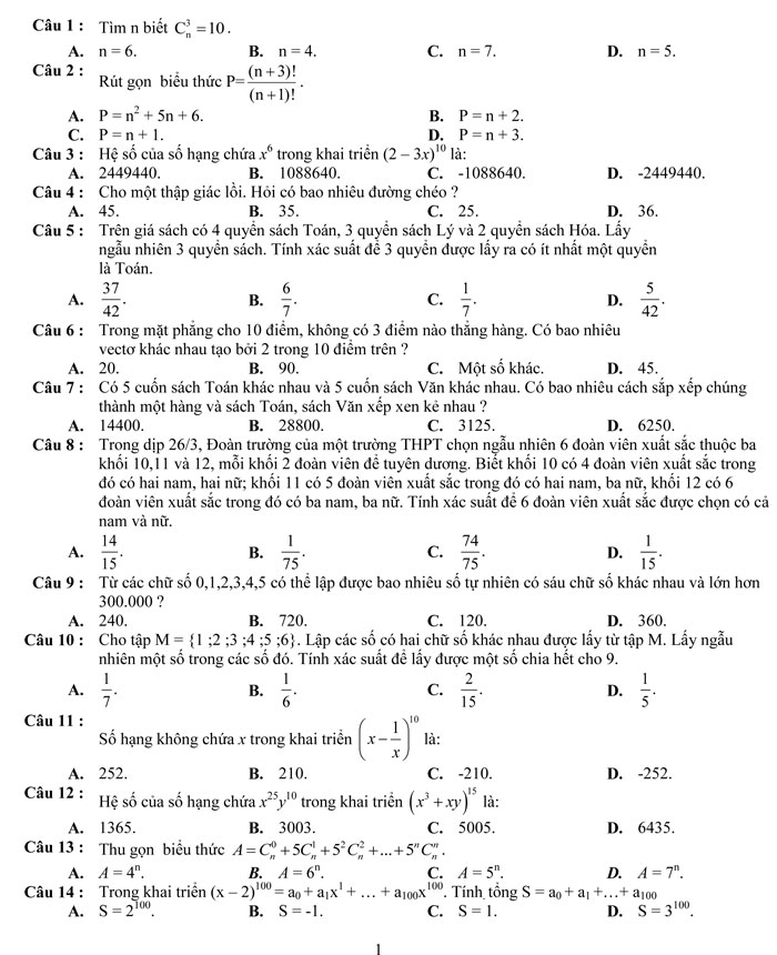 Đề kiểm tra 1 tiết Chương II Đại số lớp 11