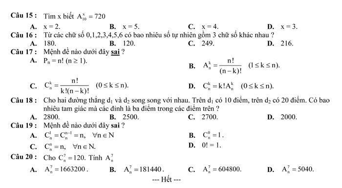 Đề kiểm tra 1 tiết Chương II Đại số lớp 11