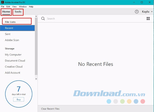 Giao diện chính của Adobe Acrobat Pro Dc