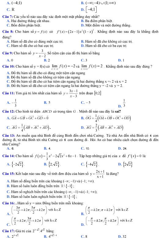 Đề thi thử THPT quốc gia 2018 môn Toán