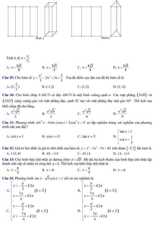 Đề thi thử THPT quốc gia 2018 môn Toán
