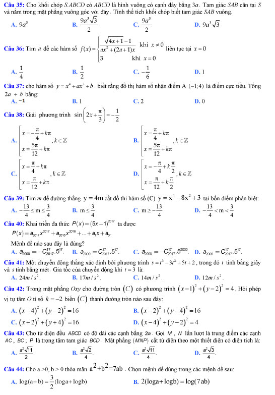 Đề thi thử THPT quốc gia 2018 môn Toán