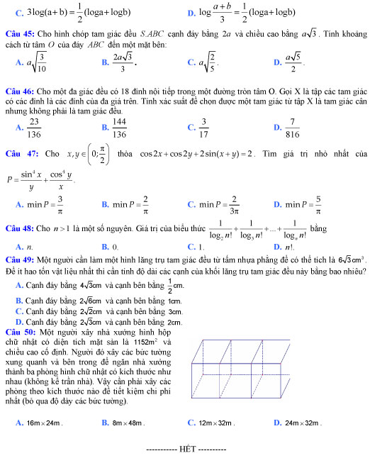 Đề thi thử THPT quốc gia 2018 môn Toán
