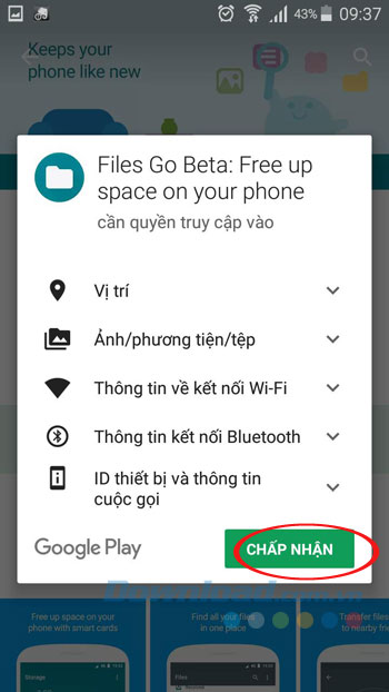 Chấp nhận cài đặt Files Go