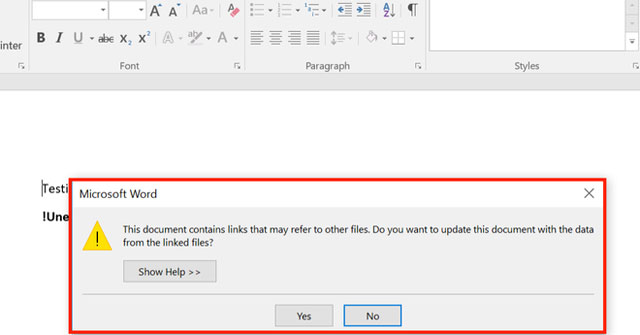 Hộp thoại hiện ra khi mở một file văn bản nhiễm mã độc