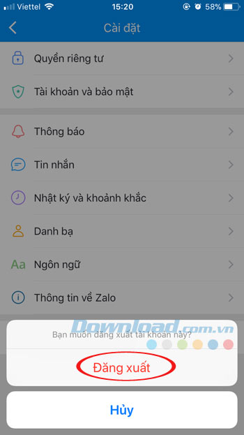 Xác nhận đăng xuất Zalo