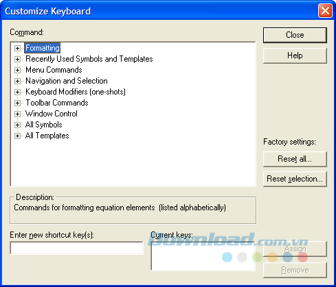 Hộp thoại Customize Keyboard