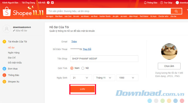 Chỉnh sửa tài khoản Shopee