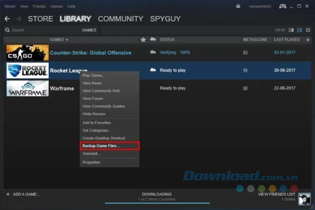 Chọn game để sao lưu