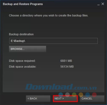 Steam giờ sẽ sao lưu toàn bộ dữ liệu đễn vị trí được chọn
