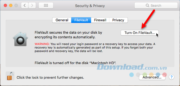 Bật mã hóa toàn bộ ổ đĩa sử dụng FileVault