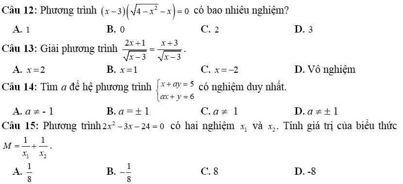 Đề kiểm tra 1 tiết Chương III Đại số lớp 10 
