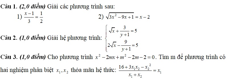 Đề kiểm tra 1 tiết Chương III Đại số lớp 10 