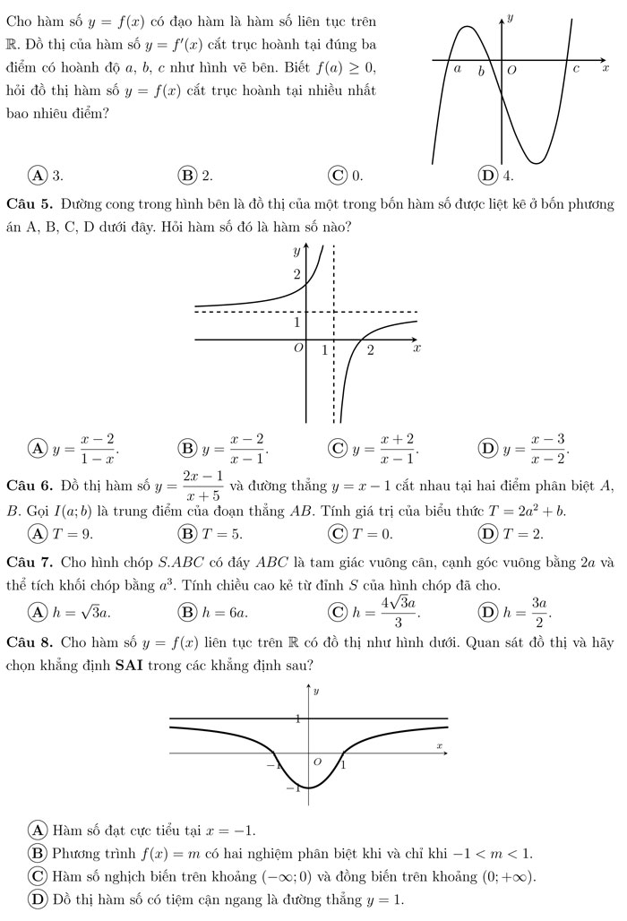 Đề kiểm tra học kỳ 1 môn Toán 12