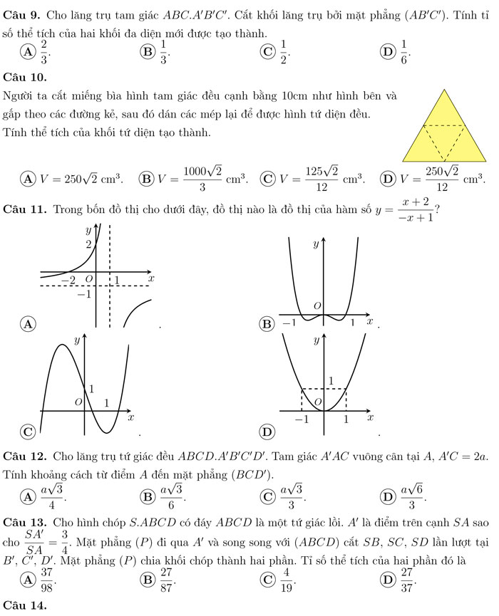 Đề kiểm tra học kỳ 1 môn Toán 12