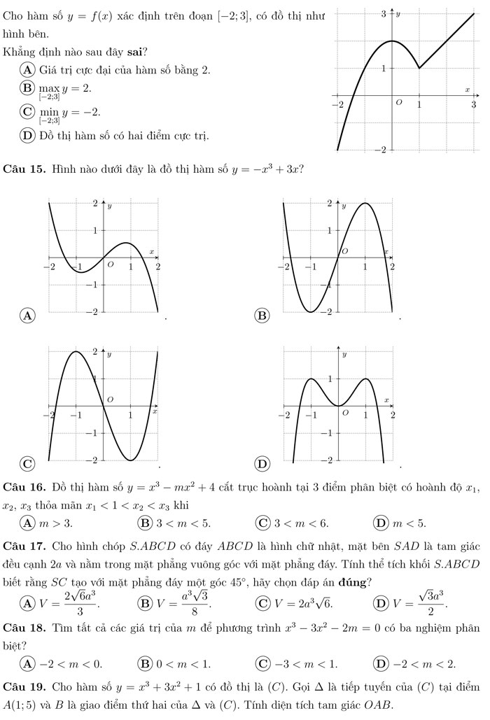 Đề kiểm tra học kỳ 1 môn Toán 12