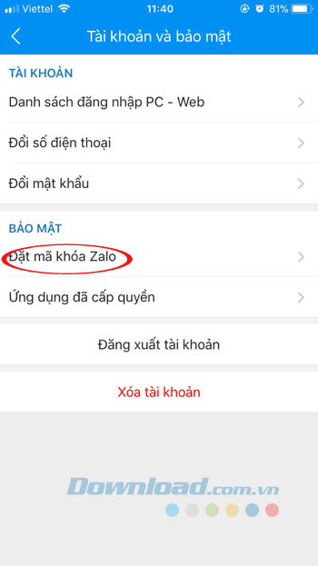 Đặt mã khóa Zalo
